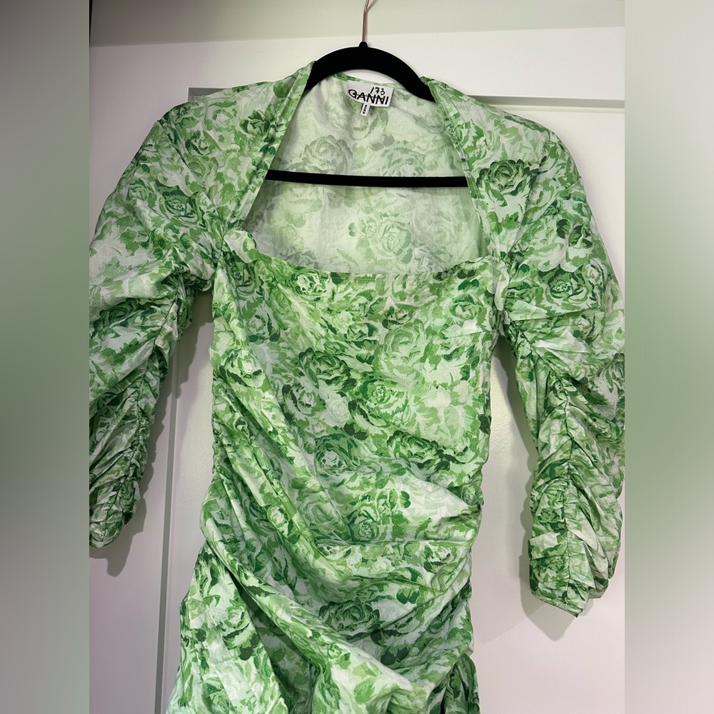 GANNI Green floral 3/4 length sleeve midi dress